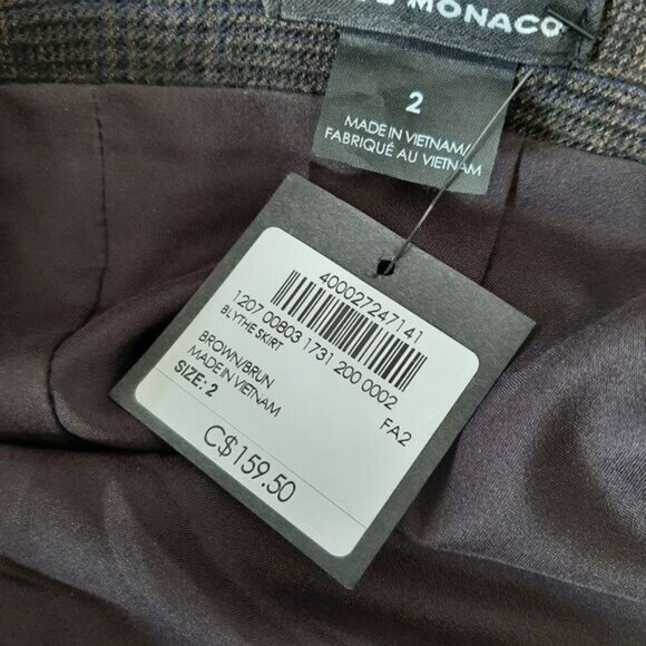 CLUB MONACO Wool Leather Blend Front Slit Knee Length Skirt Brown Plaid Sz 2 - Picture 10 of 11
